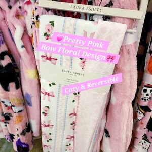 Laura Ashley Pink Floral Bow Ribbon Coquette Reversible Blanket Throw New Fleece